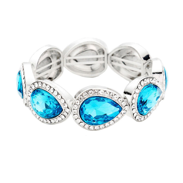 Blue Zicron Rhinestone Trim Teardrop Crystal Stretch Evening Bracelet, Get ready with these Stretch Bracelet, put on a pop of color to complete your ensemble. Perfect for adding just the right amount of shimmer & shine and a touch of class to special events. Perfect Birthday Gift, Anniversary Gift, Mother's Day Gi