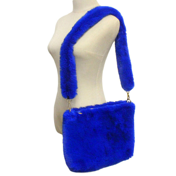 Blue Zipper Closure Solid Faux Fur Crossbody Bag, This high quality evening Crossbody is both unique and stylish. perfect for money, credit cards, keys or coins, comes with a wristlet for easy carrying, light and simple. Look like the ultimate fashionista carrying this trendy  Solid Faux Fur Crossbody Bag!