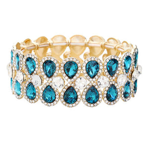 Blue Zircon Gold Teardrop Glass Crystal Pave Stretch Evening Bracelet sleek style adds a pop of color to your attire, coordinate with any ensemble from business casual to everyday wear Birthday Gift, Anniversary Gift, Valentine's Day, Christmas, Navidad, Cumpleanos, Mother's Day Gift, Prom, Wedding Bridal, prom, Quinceanera, Sweet 16