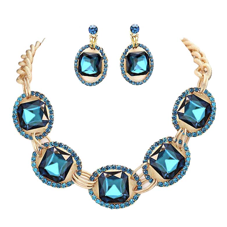 Blue Zircon Pave Trim Glass Crystal Link Necklace Wear together or separate according to your event, versatile enough for wearing straight through the week, perfectly lightweight for all-day wear, coordinate with any ensemble from business casual to everyday wear, the perfect addition to every outfit. Perfect Birthday Gift, Anniversary Gift, Mother's Day Gift, Graduation Gift, Prom Jewelry, Just Because Gift, Thank you Gift.