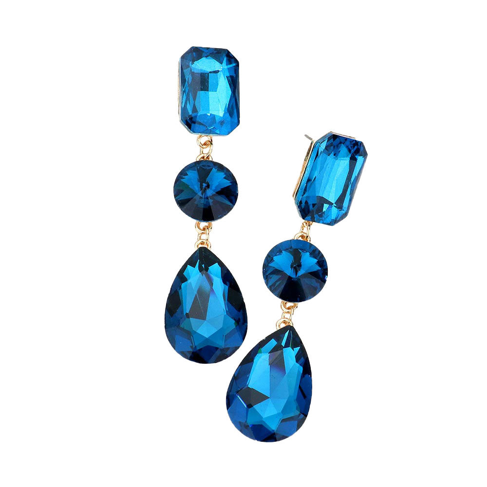 Blue Zircon Triple Crystal Rhinestone Evening Earrings. Elegance becomes you in these shiny glamorous Rhinestone earrings, the perfect sparkling accessory to add some sophisticated fun to your next social event. Coordinate this evening earrings with any ensemble from business casual wear, the perfect addition to every outfit. Perfect Gift Birthday, Holiday, Christmas, Valentine's Day, Anniversary, Just Because gift.