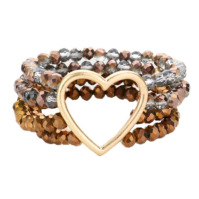Bronze Open Metal Heart Accented Multi Layered Faceted Beaded Stretch Bracelet. Beautifully crafted design adds a gorgeous glow to any outfit. Jewelry that fits your lifestyle! Perfect Birthday Gift, Anniversary Gift, Mother's Day Gift, Anniversary Gift, Graduation Gift, Prom Jewelry, Just Because Gift, Thank you Gift.
