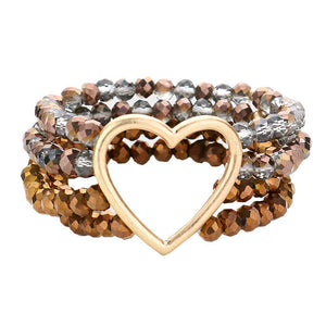 Bronze Open Metal Heart Accented Multi Layered Faceted Beaded Stretch Bracelet. Beautifully crafted design adds a gorgeous glow to any outfit. Jewelry that fits your lifestyle! Perfect Birthday Gift, Anniversary Gift, Mother's Day Gift, Anniversary Gift, Graduation Gift, Prom Jewelry, Just Because Gift, Thank you Gift.