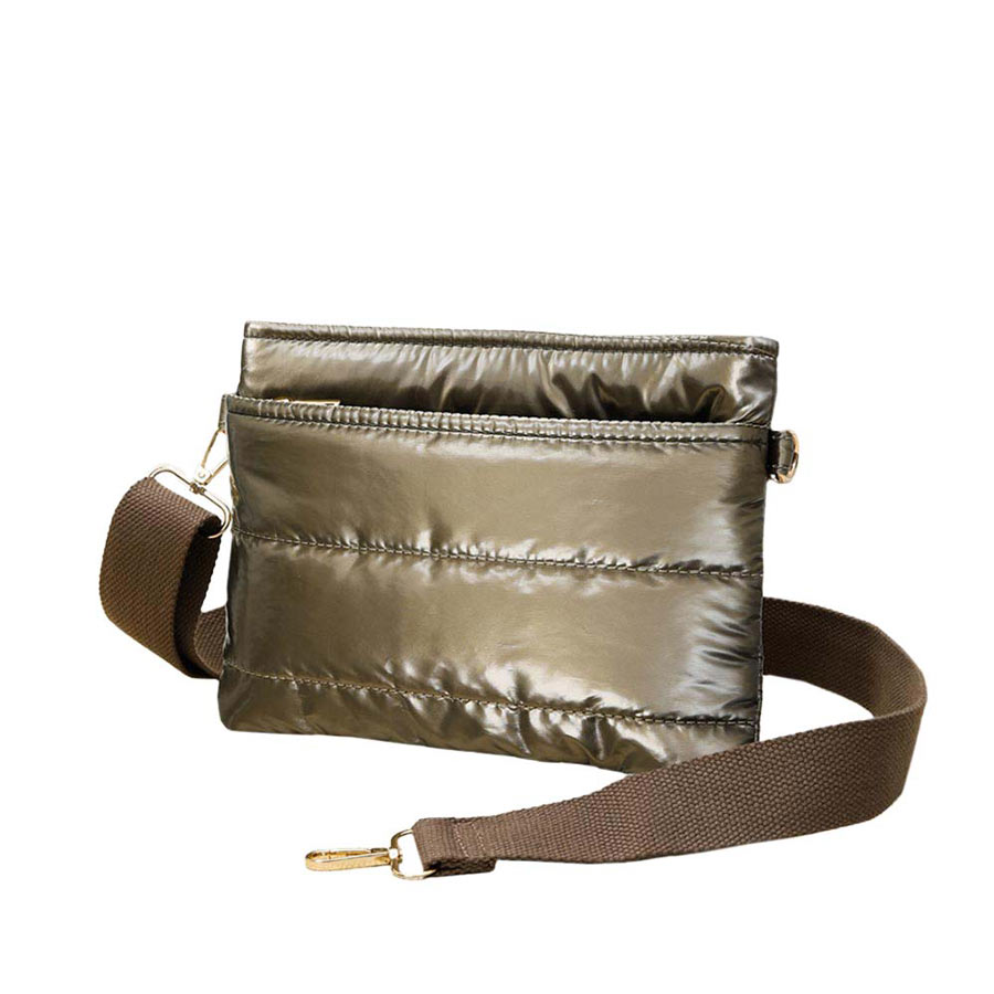 Bronze Glossy Glossy Solid Puffer Crossbody Bag, Complete the look of any outfit on all occasions with this Shiny Puffer Crossbody Bag. This Puffer bag offers enough room for your essentials. With a One Front Zipper Pocket, One Back Zipper Pocket, and a Zipper closure at the top, this bag will be your new go-to! The zipper closure design ensures the safety of your property. The widened shoulder straps increase comfort and reduce the pressure on the shoulder.