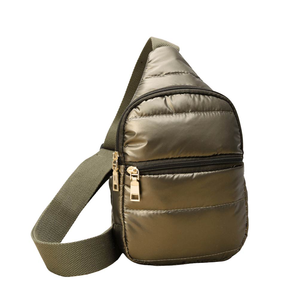 Bronze Solid Puffer Mini Sling Bag, be the ultimate fashionista while carrying this Solid Puffer Sling bag in style. It's great for carrying small and handy things. Keep your keys handy & ready for opening doors as soon as you arrive. The adjustable lightweight features room to carry what you need for long walks or trips.