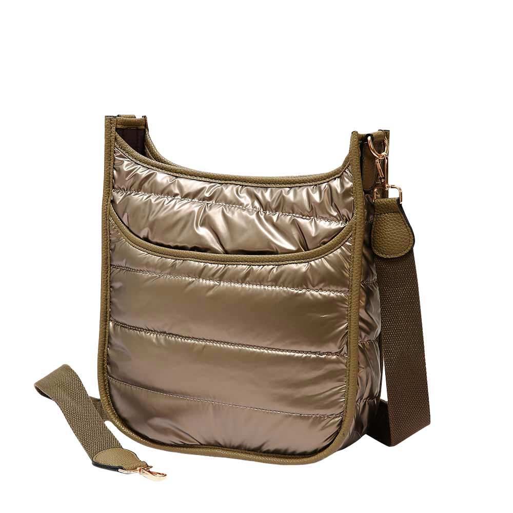 Bronze Solid Quilted Shiny Puffer Crossbody Bag, Complete the look of any outfit on all occasions with this Shiny Puffer Crossbody. It offers enough room for your essentials. With a One Inside Zipper Pocket, three two inside slip pockets and a secured Magnetic Closure at the top, this bag will be your new go to! Casual Easy style using for: Work, School, Excursion, Going out, Shopping, Party, etc.