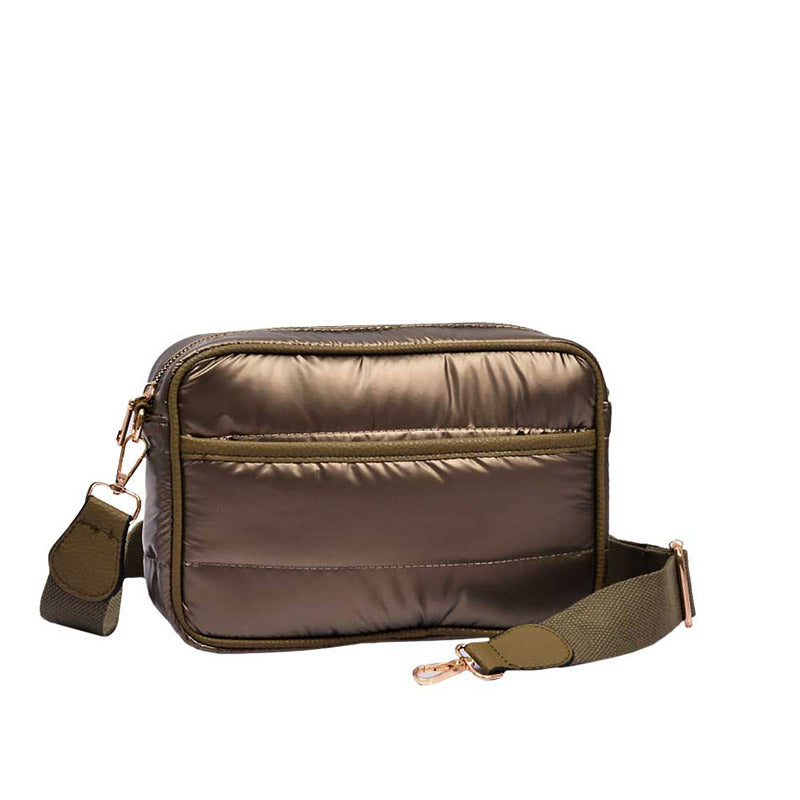 Black Solid Rectangle Puffer Crossbody Bag, Complete the look of any outfit on all occasions with this Shiny Puffer Crossbody Bag. This Puffer bag offers enough room for your essentials.With a one front slip Pocket, two inside slip Pocket, and a Zipper closure at the top, this bag will be your new go-to! The zipper closure design ensures the safety of your property.