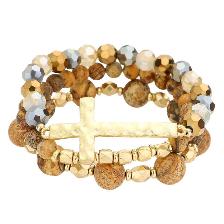 Brown 3PCS Hammered Metal Cross Pendant Beaded Layered Bracelets,  Add this 3 piece beaded layered bracelet to light up any outfit, feel absolutely flawless. Fabulous fashion and sleek style adds a pop of pretty color to your attire, coordinate with any ensemble from business casual to everyday wear. Pair these with tees and jeans and you are good to go. Perfect gift idea for Birthday, Anniversary, Prom Jewelry, Thank you Gift or any special occasion.