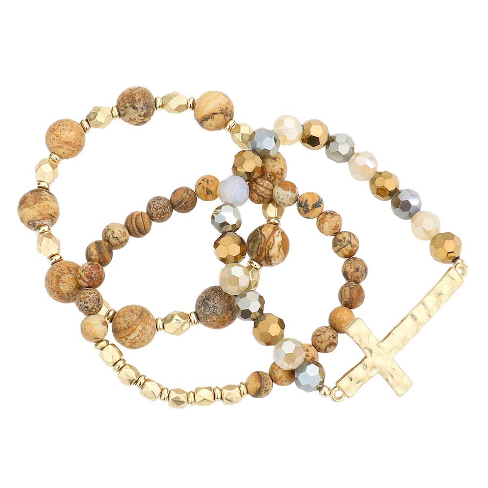 Brown 3PCS Hammered Metal Cross Pendant Beaded Layered Bracelets,  Add this 3 piece beaded layered bracelet to light up any outfit, feel absolutely flawless. Fabulous fashion and sleek style adds a pop of pretty color to your attire, coordinate with any ensemble from business casual to everyday wear. Pair these with tees and jeans and you are good to go. Perfect gift idea for Birthday, Anniversary, Prom Jewelry, Thank you Gift or any special occasion.