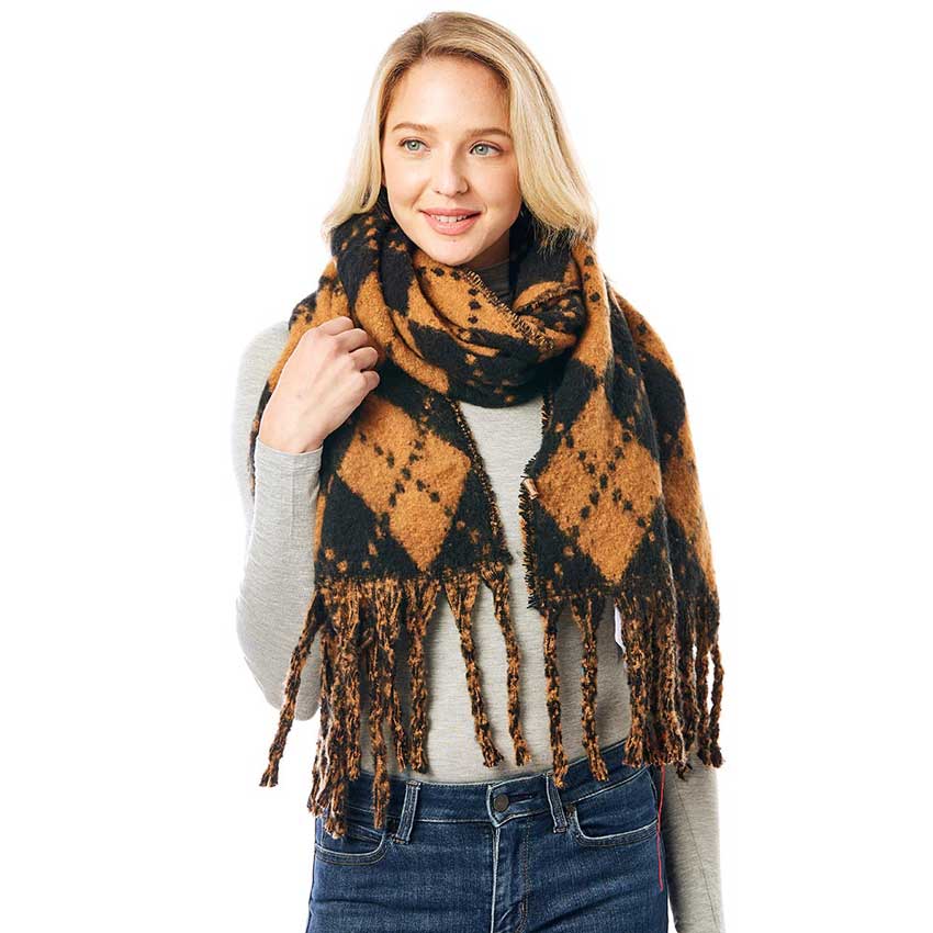 Brown Argyle Print Oblong Scarf With Fringe, this stylish scarves featuring Argyle Print with fringe combines great fall style with comfort and warmth. Whether you need a little something around your shoulders on a chilly weather or a fashionable Oblong scarves to compliment any outfit are what you need. The super soft acrylic gives them a luxurious feel. Awesome winter accessory gift idea.