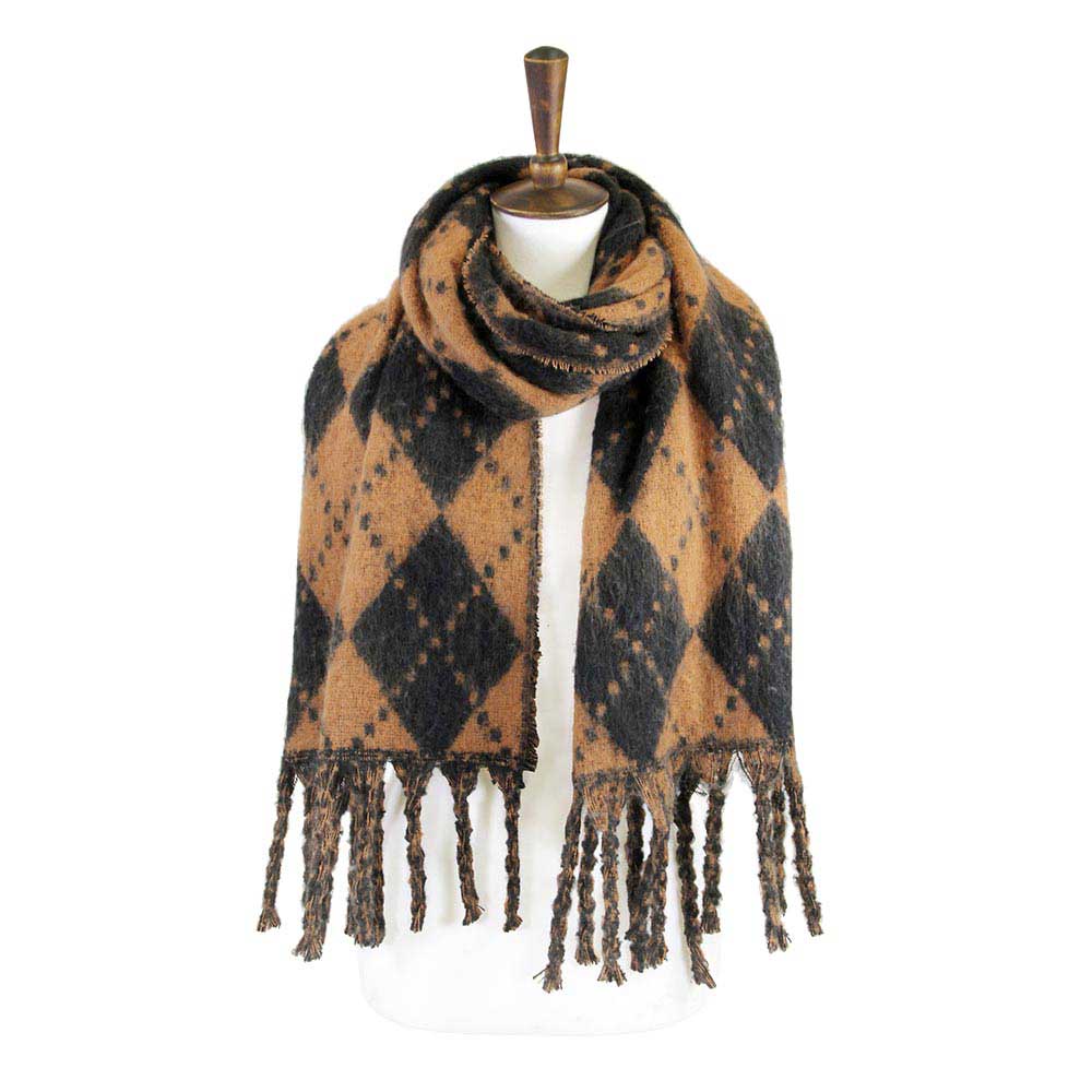 Brown Argyle Print Oblong Scarf With Fringe, this stylish scarves featuring Argyle Print with fringe combines great fall style with comfort and warmth. Whether you need a little something around your shoulders on a chilly weather or a fashionable Oblong scarves to compliment any outfit are what you need. The super soft acrylic gives them a luxurious feel. Awesome winter accessory gift idea.