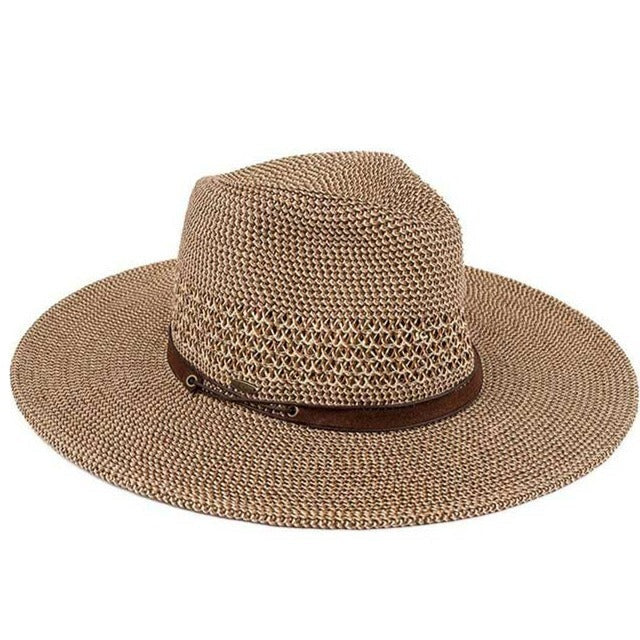 Brown C.C faux leather string paper straw panama hat. You’re basking under the summer sun at the beach, lounging by the pool, or kicking back with friends at the lake, a great hat can keep you cool and comfortable even when the sun is high in the sky. Large, comfortable, and perfect for keeping the sun off of your face, neck, and shoulders, ideal for travelers who are on vacation or just spending some time in the great outdoors.