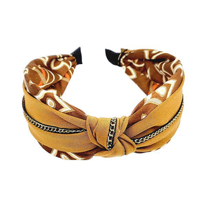 Brown Chain Pointed Geometric Patterned Burnout Knot Headband,  Be ready to receive compliments. Push back your hair with this burnout knot printed headband, and spice up any plain outfit! Be the ultimate trendsetter wearing this chic headband with all your stylish outfits! Perfect for everyday wear, special occasions, outdoor festivals, and more.