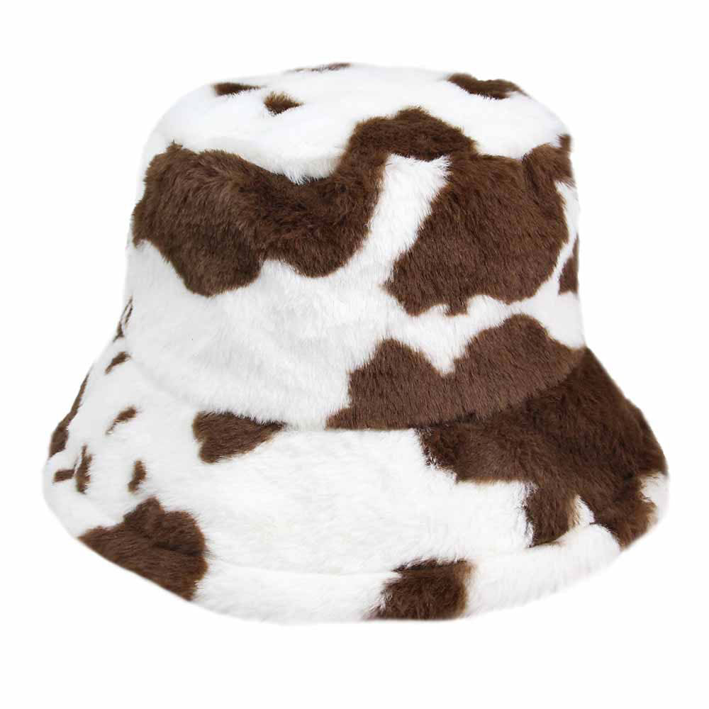 Brown Cow Patterned Faux Fur Bucket Hat, this cow patterned bucket hat is nicely designed and a great addition to your attire. Have fun and look stylish anywhere outdoors. Great for covering up when you are having a bad hair day. Perfect for protecting you from the wind, snow, beach, pool, camping, or any outdoor activities in cold weather. Amps up your outlook with confidence with this trendy bucket hat. Perfect gift for Birthdays, Christmas, Stocking stuffers, Secret Santa, holidays, etc.