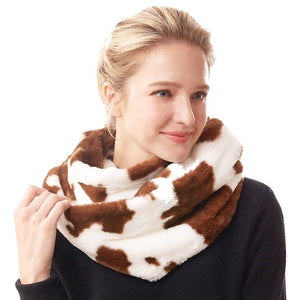Brown Cow Patterned Cattle Print Plush Faux Fur Winter Sherpa Infinity Scarf; delicate, warm, on trend & fabulous, deluxe addition to any cold-weather ensemble. Wraparound, loops around neck, great for daily wear. Perfect Gift Birthday, Christmas, Anniversary, Holiday, Valentine's Day, Loved One