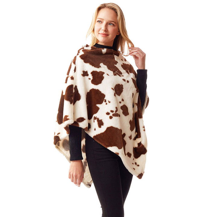 Brown Cow Patterned Soft Faux Fur Poncho, the perfect accessory, luxurious, trendy, super soft chic capelet, keeps you warm and toasty. You can throw it on over so many pieces elevating any casual outfit! Perfect Gift for Wife, Mom, Birthday, Holiday, Christmas, Anniversary, Fun Night Out