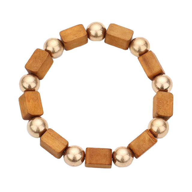 Brown Cube Wood Metal Ball Stretch Bracelet, look as majestic on the outside as you feel on the inside, eye-catching sparkle, sophisticated look you have been craving for!  Can go from the office to after-hours easily, adds a stunning glow to any outfit. Stylish bracelet that is easy to put on, take off. Perfect gift for you or a loved one!