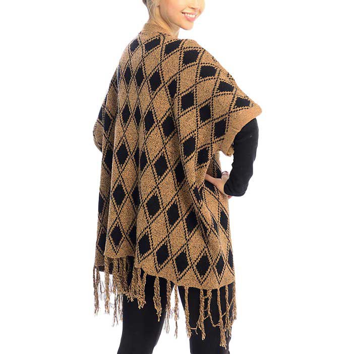 Beige Diamond Pattern Fringe Trim Poncho shawl, made in awesome design that amps up your look at anywhere, any places. Versatile enough to wear with any outfit in style with perfect comfort. Great for daily wear in the cold winter to protect you against chill. Perfect Gift for Wife, Mom, Birthday, Holiday, Anniversary, Fun Night Out, Valentine's Day, etc. Perfect winter accessory!