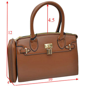 Brown Elegant 2 In 1 Women's Medium Top Handle Satchel Totes Handbag with Wallet, 2 in 1 satchel handbag with matching wallet, is perfect to accompany you to work or go shopping. With this top handle, you can wear the bag elegantly on the shoulder. The large main compartment gives a lot of storage space, so you can place all purchases but also valuables and documents in it. The fashionable pattern of the shoulder bag also go well with chic business looks as well as casual everyday styling. 