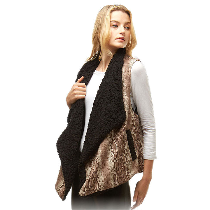 Brown Fall Winter Snake Skin Fur Lining Vest, the perfect accessory, luxurious, trendy, super soft chic capelet, keeps you warm and toasty. You can throw it on over so many pieces elevating any casual outfit! Perfect Gift for Wife, Mom, Birthday, Holiday, Christmas, Anniversary, Fun Night Out