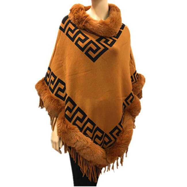 Faux Fur Trim Brown Knit Greek Key Poncho Ruana, Brown Meander Pattern with Faux Fur Trim Poncho Ruana, warm soft and elegant, great for any occasion, will become your favorite accessory