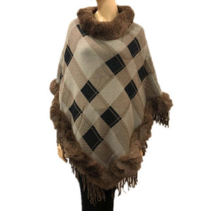 Brown Faux Fur Trim Knit Plaid Poncho Ruana, Brown Plaid Pattern with Faux Fur Trim Poncho Ruana, warm soft and elegant, great for any occasion, will become your favorite accessory