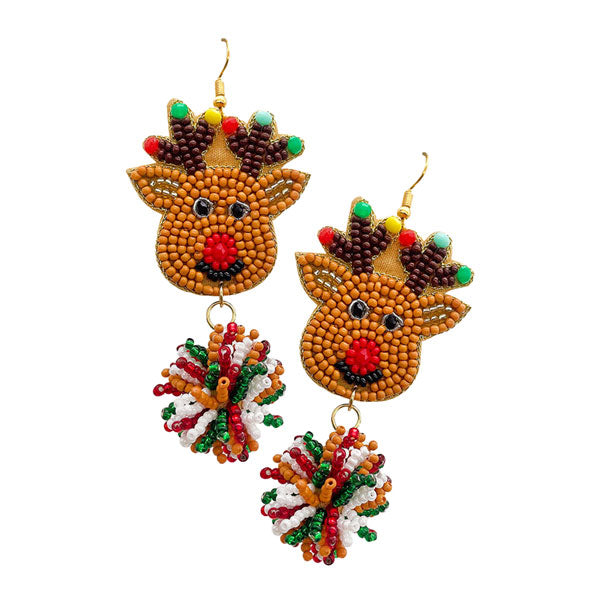 Brown Felt Back Beaded Rudolph with Bead Pom Dangle Earrings, get into the Christmas spirit with our gorgeous handcrafted Christmas animal themed earrings, they will dangle on your earlobes & bring a smile to those who look at you. Perfect Gift for Birthdays, Christmas, Stocking Stuffers, Secret Santa, BFF, etc.