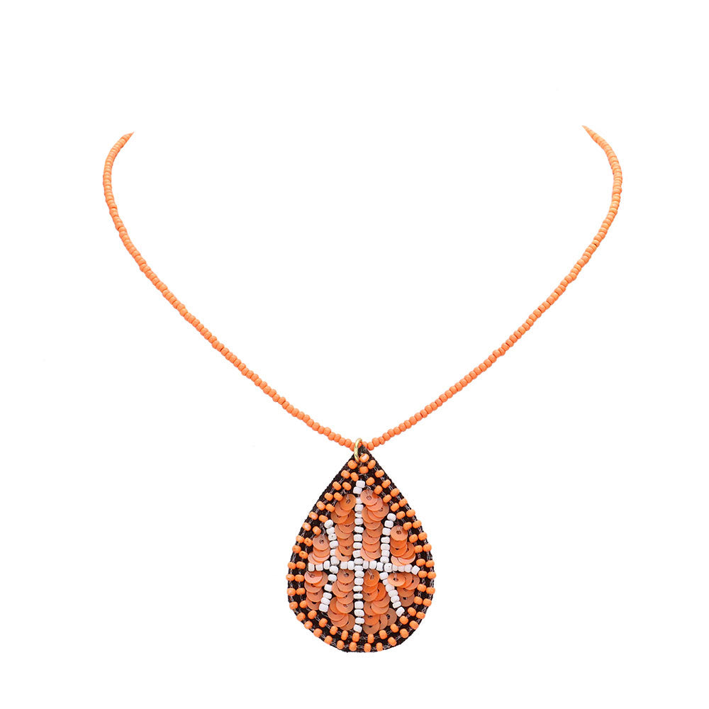 Brown Felt Back Sequin Beaded Basketball Teardrop Pendant Necklace, this beautiful Ball & Sports-themed pendant necklace is the ultimate representation of your class & beauty. Also, if you like Sports, then this is perfect for you. You can use it on any Basketball game day. Perfect gift for any sports event.