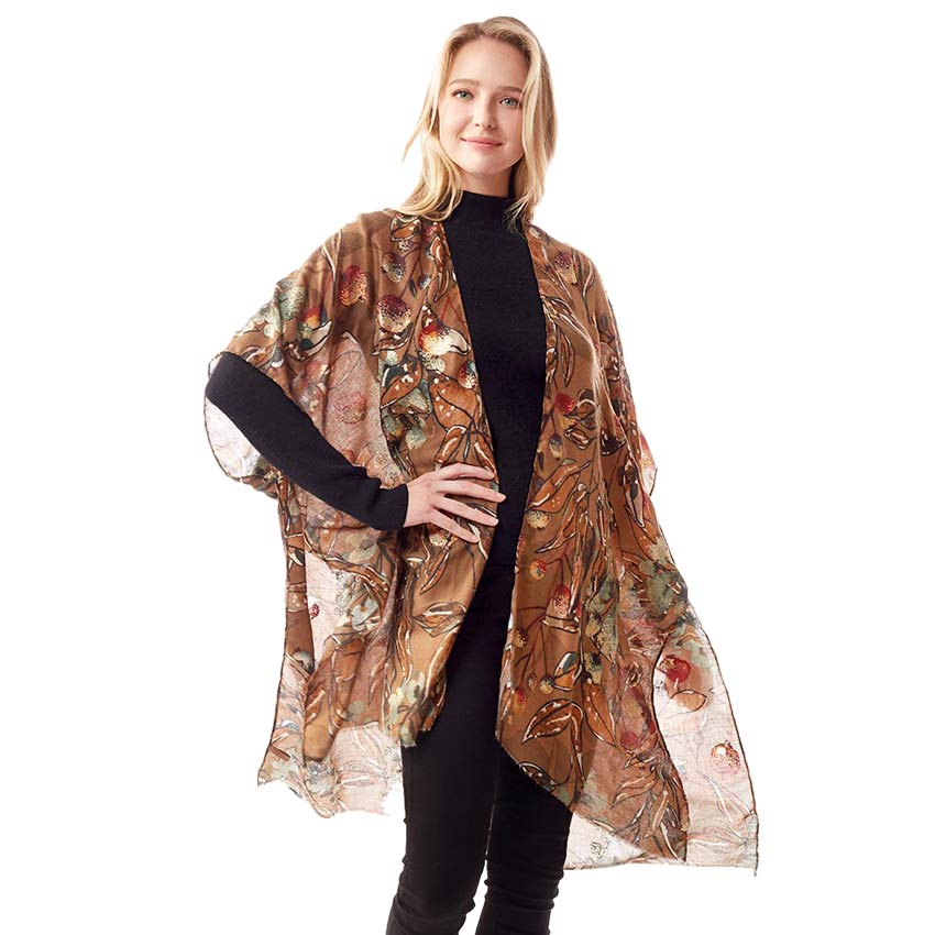 Brown Floral Printed Gold Foil Accented Ruana Poncho, is an awesome and gorgeous accessory for enlightening your beautiful look and representing the perfect class with confidence. You'll love this gold foil gorgeous poncho and it will become a favorite accessory to enrich your attire. Throw it on over so many pieces elevating any casual outfit to get cute compliments. 