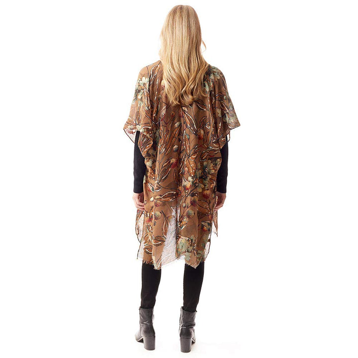 Brown Floral Printed Gold Foil Accented Ruana Poncho, is an awesome and gorgeous accessory for enlightening your beautiful look and representing the perfect class with confidence. You'll love this gold foil gorgeous poncho and it will become a favorite accessory to enrich your attire. Throw it on over so many pieces elevating any casual outfit to get cute compliments. 