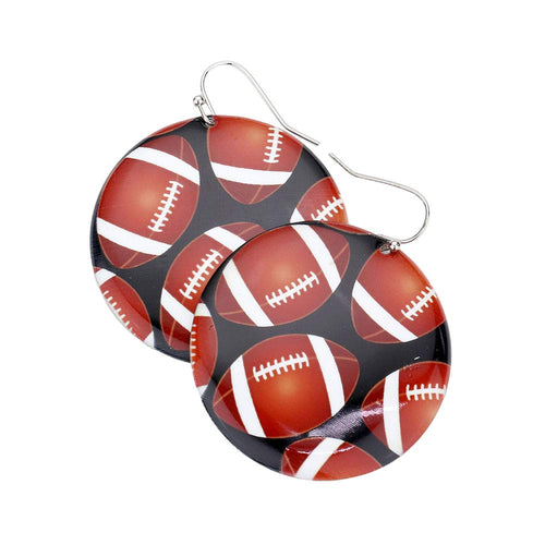 Football Patterned Metal Round Dangle Earrings - Brown