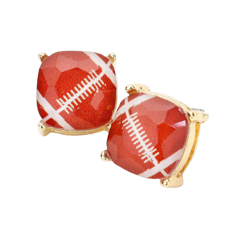Brown Football Printed Square Stud Earrings. This Sports theme handcrafted jewelry that fits your lifestyle, adding a polished finish to your look. Enhance your attire with these beautiful artisanal earrings to show off your fun trendsetting style. Lightweight and comfortable for wearing. This is a fantastic gift for everyone who enjoys sports or for your loved ones.