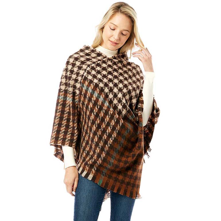 Brown Houndstooth Poncho With Fringe, is excellent wear that will enrich your outlook with beautiful style. It ensures to keep you warm and toasty when the temperatures drop. It's the timelessly beautiful poncho that gently nestles around the neck and feels exceptionally comfortable to wear. Attractive eye-catchy fashion wear that will quickly become one of your favorite accessories. 