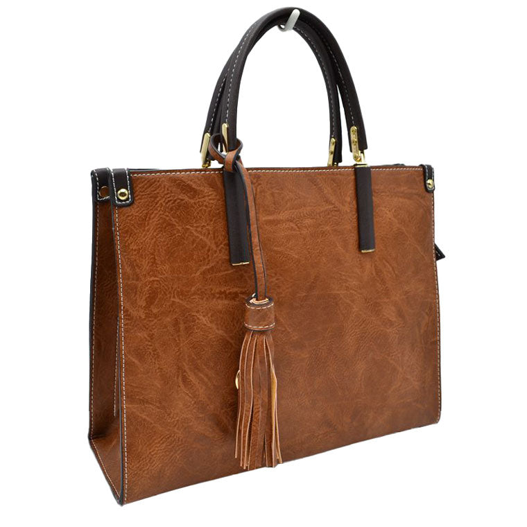 Brown Large Shoulder Vegan Leather Tassel Handbag For Women. High quality Vegan Leather is a luxurious and durable, Stay organized in style with this square-shaped shopper tote bag that is fully two contrasting interior and exterior solid colors. This vegan leather handbag includes an on-trend removable tassel embellishment. Guaranteed, This will be your go-to handbag. 