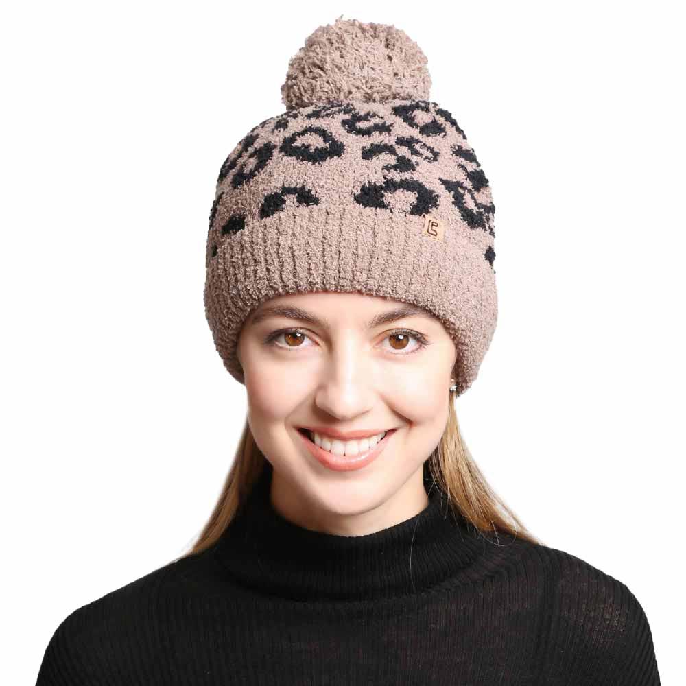 Beige Leopard Lined Pom Pom Beanie, Wear it in winter or cold days to finish your ensemble in a unique and smart way. Go for it before running out into the cool air to receive compliments with this trendy and awesome leopard beanie. It keeps you warm, toasty, and totally unique everywhere. It's an awesome winter gift accessory for Birthdays, Christmas, Stocking stuffers, holidays, anniversaries, and Valentine's Day to friends, family, and loved ones. Stay trendy and cozy!