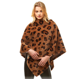 Brown Leopard Pattern Faux Fur Poncho, warm pullover ladies animal print trim poncho makes the perfect fashion statement this winter, Slip this on to add instant gorgeousness to your look! Stay warm, cozy & stylish in this beautiful piece.