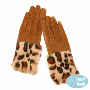 Brown Leopard Patterned Faux Fur Cuff Accented Soft Suede Smart Gloves, gives your look so much eye-catching texture w cool design, a cozy feel, fashionable, attractive, cute looking in winter season, these warm accessories allow you to use your phones. Perfect Birthday Gift, Valentine's Day Gift, Anniversary Gift.