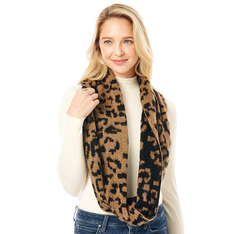 Brown Leopard Print Infinity Scarf, warm cozy infinity scarf comes with leopard print, plushy addition to any cold-weather ensemble, adds a modern touch to the cozy style with a bold animal print. Use in the cold or just to jazz up your look. Perfect for casual outings, parties, and office. Great gift idea for friends and family. Soft and comfortable polyester material for long-lasting warmth on cold days. Perfect winter gift for your loved ones.