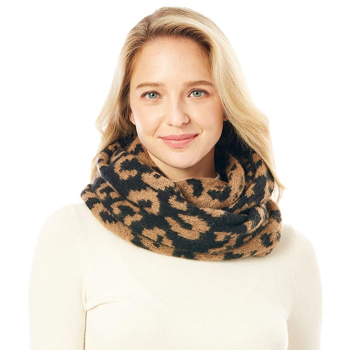 Brown Leopard Print Infinity Scarf, warm cozy infinity scarf comes with leopard print, plushy addition to any cold-weather ensemble, adds a modern touch to the cozy style with a bold animal print. Use in the cold or just to jazz up your look. Perfect for casual outings, parties, and office. Great gift idea for friends and family. Soft and comfortable polyester material for long-lasting warmth on cold days. Perfect winter gift for your loved ones.