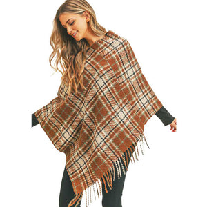 Brown Multi Plaid Poncho. This kimono poncho is lightweight and soft brushed exterior fabric that make you feel more warm and comfortable. Cute and trendy Plaid Vest for women. Great for dating, hanging out, daily wear, vacation, travel, shopping, holiday attire, office, work, outwear, fall, spring or early winter. Perfect Gift for Wife, Mom, Birthday, Holiday, Anniversary, Fun Night Out.