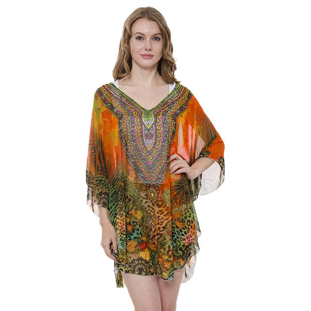 Brown Orange Mixed Print Cover Up Poncho, this lightweight Cover Up poncho featuring mixed  print and a relaxed silhouette. A fashionable eye catcher, will quickly become one of your favorite accessories, Look perfectly breezy and laid-back as you head to the beach. Great for dating, hanging out, vacation, holiday, outwear. Perfect Gift for Wife, Birthday, Holiday, Fun Night Out.