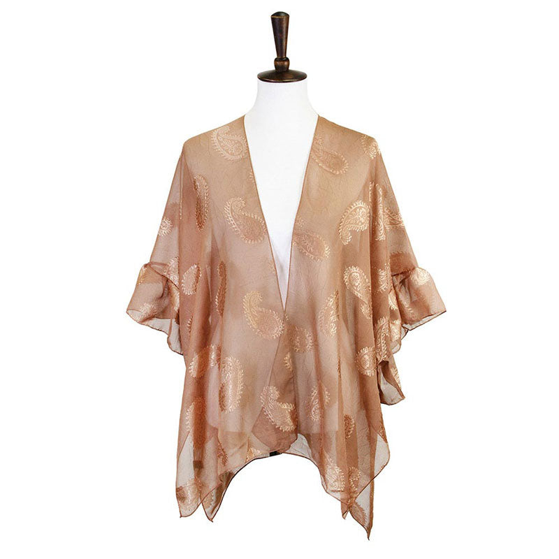 Brown Paisley Patterned Sheer Ruffle Sleeves Cover Up Kimono Poncho, The lightweight Kimono poncho top is made of soft and breathable Polyester material. short sleeve swimsuit cover up with open front design, simple basic style, easy to put on and down. Perfect Gift for Wife, Mom, Birthday, Holiday, Anniversary, Fun Night O