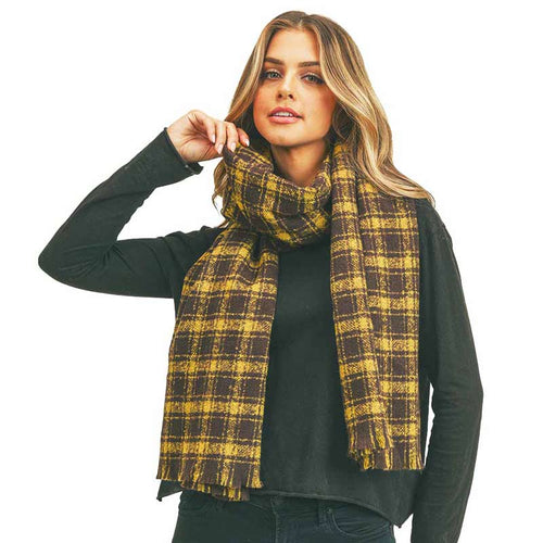 Plaid Check Lurex Oblong Scarf - Brown