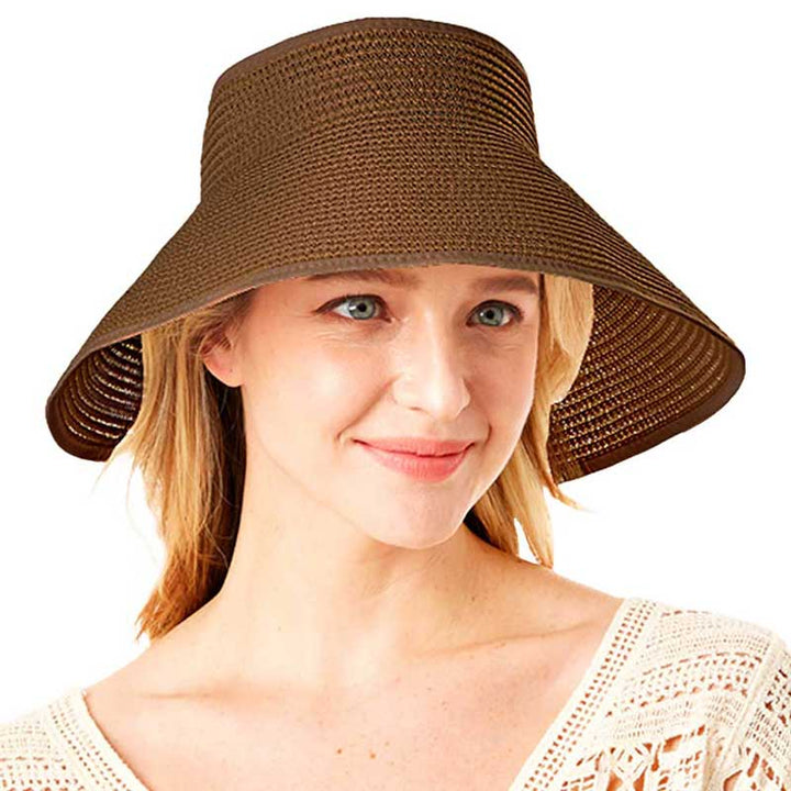 Brown Roll Up Foldable Large Brim Sun Visor Hat. Keep your styles on even when you are relaxing at the pool or playing at the beach. Large, comfortable, and perfect for keeping the sun off of your face, neck, and shoulders Perfect summer, beach accessory. Ideal for travelers who are on vacation or just spending some time in the great outdoors.