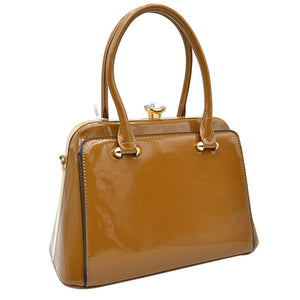 Brown Shiny Patent Leather Gold Hardware Shoulder Bags for Women, These trendy Shoulder Bags feature a vegan patent leather material with Gold metal hardware. Its unique shape and stunning jeweled clasp will bring in compliments. It comes with a removable long shoulder strap for casual shoulder or cross-body wear. This fun, yet sophisticated handbag will definitely draw attention.