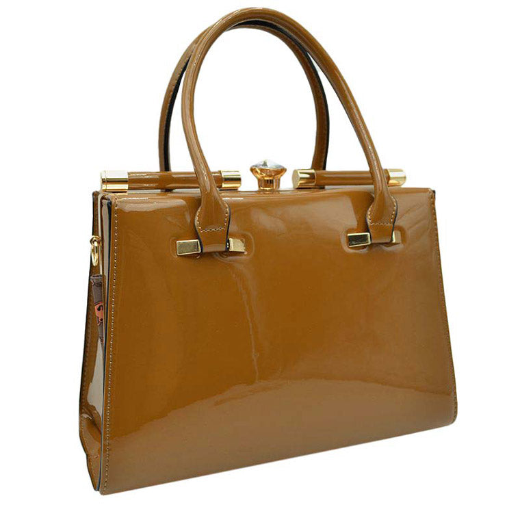 Brown Shiny Patent Leather Golden Hardware Shoulder Tote Bag, Design in a stylish silhouette. Crafted from shiny patent leather with golden hardware.Smooth push-lock closure. Flat bottom with protective studs. Wear it to add a chic punctuation to any look.