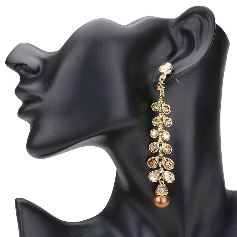 Brown Stone Embellished Leaf Pearl Link Dangle Evening Earrings, complete the appearance of elegance and royalty to drag the attention of the crowd on special occasions with these stone embellished leaf pearl dangle earrings. The beautifully crafted design adds a gorgeous glow to any outfit to make you stand out and more confident. Perfect jewelry gift to expand a woman's fashion wardrobe with a modern, on-trend style. 