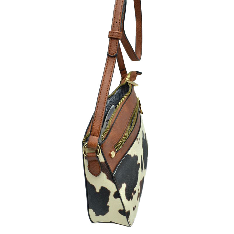Brown Stylish Cowprint Pattern Crossbody Handbag, This Cowprint handbag can be worn crossbody or on the shoulder comfortably. This comfortable handbag is made of high-quality durable PU leather which is also beautiful at the same time. This handbag features one big compartment for your daily essentials and a little more. Show your trendy choice and smartness with this awesome cow-print bag. 
