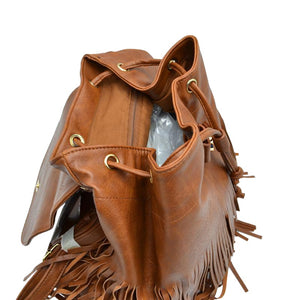 Brown Stylish Vegan Leather Fringe Backpack, is a high-quality vegan leather fringe backpack that enriches your fashion and represent your trendy choice. Wherever you go for travelling, tour, day out, picnic etc, it's the best accessory for carrying all necessary stuff in one place conveniently to be hands-free. It's highly durable, large size and nicely designed with fringe that drags out the real beauty. One will be able to carry through the whole day that a student needs the most.