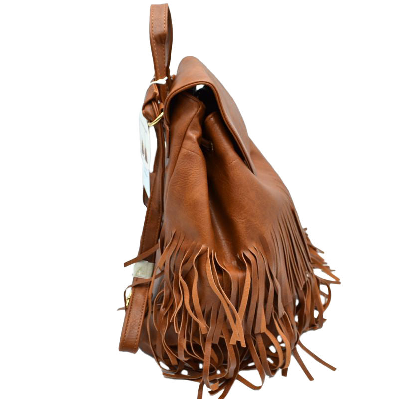 Brown Stylish Vegan Leather Fringe Backpack, is a high-quality vegan leather fringe backpack that enriches your fashion and represent your trendy choice. Wherever you go for travelling, tour, day out, picnic etc, it's the best accessory for carrying all necessary stuff in one place conveniently to be hands-free. It's highly durable, large size and nicely designed with fringe that drags out the real beauty. One will be able to carry through the whole day that a student needs the most.